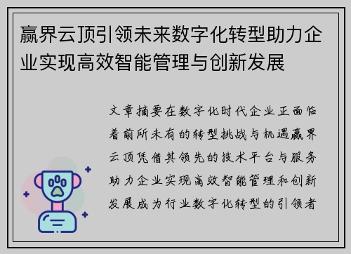 赢界云顶引领未来数字化转型助力企业实现高效智能管理与创新发展